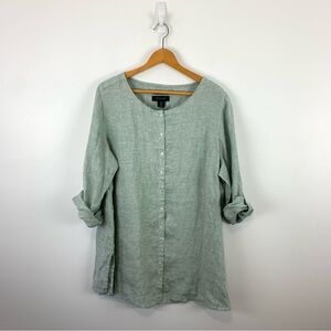 Tahari 100% Linen Green Laggenlook Shirt Size 1X Tab Sleeves